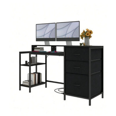 Computer Desk 3 Drawers Power Outlets Usb Black - image 1