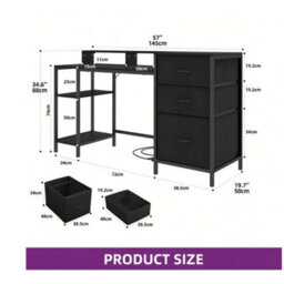 Computer Desk 3 Drawers Power Outlets Usb Black - thumbnail 2