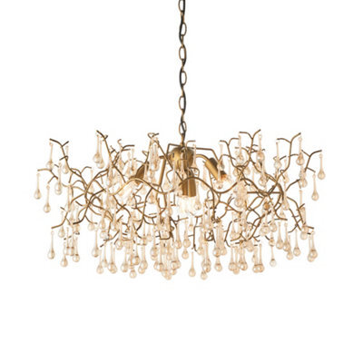 Aged Gold Branch Ceiling Chandelier - Glass Droplets - Decorative Light Fitting - image 1