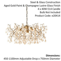 Aged Gold Branch Ceiling Chandelier - Glass Droplets - Decorative Light Fitting - thumbnail 2