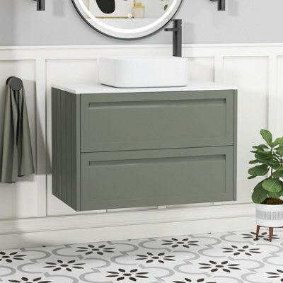Royal Bathrooms Royal Bathroom Elmore 800mm Matt Green Wall Mounted Bathroom Vanity Unit 2 Drawer Plain White Worktop With Elena Basin - image 1
