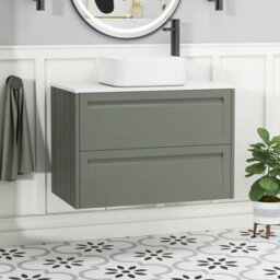 Royal Bathrooms Royal Bathroom Elmore 800mm Matt Green Wall Mounted Bathroom Vanity Unit 2 Drawer Plain White Worktop With Elena Basin - thumbnail 1