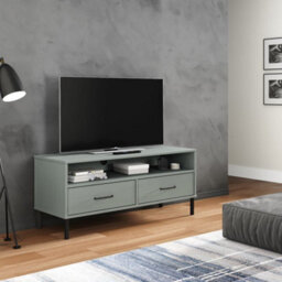 Berkfield Tv Cabinet With Metal Legs Grey Solid Wood Pine Oslo