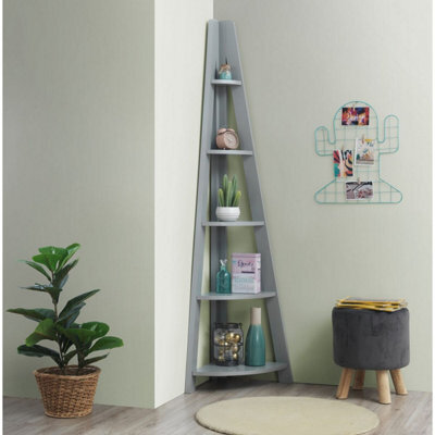 Timber Art Design Riva Scandinavian Retro Corner Ladder Bookcase Shelving Shelf Unit Grey 5 Tier - image 1