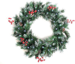 Best Artificial Deluxe Frosted Christmas Wreath With Pine Cones, Red Berries & Lights