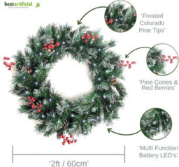 Best Artificial Deluxe Frosted Christmas Wreath With Pine Cones, Red Berries & Lights - thumbnail 2