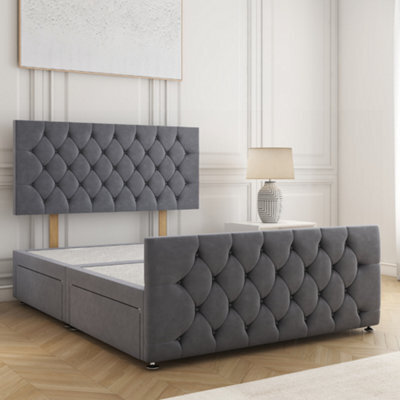 Bsspoke Maya Divan Bed Grey Plush Velvet 24Inch Headboard & 20Inch Footboard 2 Drawers Footend & No Mattress In All Sizes - image 1