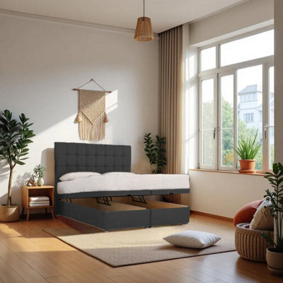 "Knight Sleep Cubed Ottoman Bed Charcoal Plush 5Ft  With Mattress & 24""headboard - King" - image 1