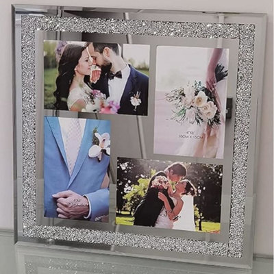 Biznest Crushed Crystals Photo Frame Silver Mirrored Crushed Jewel Crystal Diamante Picture Frame (6X4 Inches Hold 4 Picture)