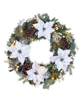 Werchristmas 60 Cm Pre-Lit Frosted Silver And White Decorated Artificial Christmas Wreath, 20 Warm White Leds - image 1