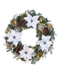 Werchristmas 60 Cm Pre-Lit Frosted Silver And White Decorated Artificial Christmas Wreath, 20 Warm White Leds - thumbnail 1