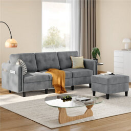 Yaheetech Corduroy Sofa With Ottoman, L-Shaped Sectional Sofa Couch With Side Pockets Or Small Spaces, Light Gray - thumbnail 4