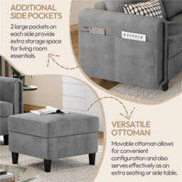 Yaheetech Corduroy Sofa With Ottoman, L-Shaped Sectional Sofa Couch With Side Pockets Or Small Spaces, Light Gray - thumbnail 6