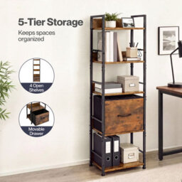 Levede Bookcase Drawer 5 Tier Slim Book Shelf Storage Unit Living Room Brown - thumbnail 5