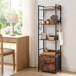 Levede Bookcase Drawer 5 Tier Slim Book Shelf Storage Unit Living Room Brown - thumbnail 1