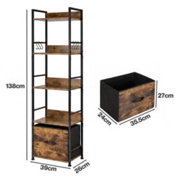 Levede Bookcase Drawer 5 Tier Slim Book Shelf Storage Unit Living Room Brown - thumbnail 4