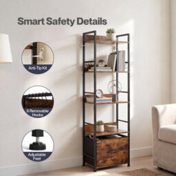 Levede Bookcase Drawer 5 Tier Slim Book Shelf Storage Unit Living Room Brown - thumbnail 7