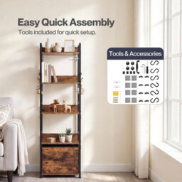 Levede Bookcase Drawer 5 Tier Slim Book Shelf Storage Unit Living Room Brown - thumbnail 9
