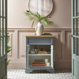 Homestylestore Light Grey And Oak 645mm Bathroom Vanity Unit And Brushed Brass T Bar Handles - thumbnail 2