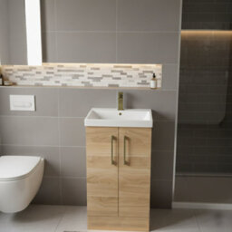 Balterley Bramshall Modern Bathroom 2 Soft Close Door & Mid-Edge Vanity Unit Basin, Bleached Oak, 500mm - thumbnail 2
