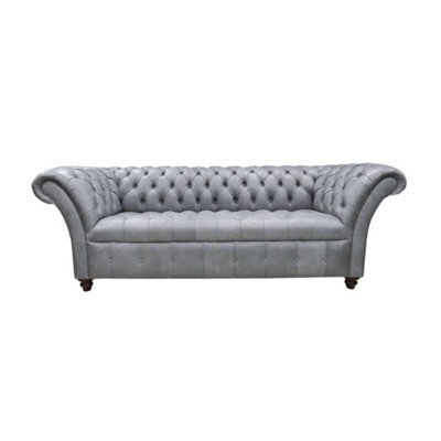 Chesterfield 3 Seater Buttoned Seat Sofa Vintage Cracked Wax Ash Grey Leather In Balmoral Style - image 1