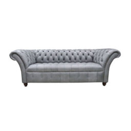 Chesterfield 3 Seater Buttoned Seat Sofa Vintage Cracked Wax Ash Grey Leather In Balmoral Style - thumbnail 1