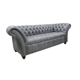 Chesterfield 3 Seater Buttoned Seat Sofa Vintage Cracked Wax Ash Grey Leather In Balmoral Style - thumbnail 2