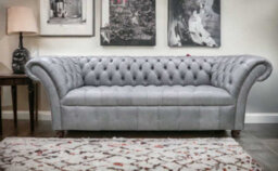 Chesterfield 3 Seater Buttoned Seat Sofa Vintage Cracked Wax Ash Grey Leather In Balmoral Style - thumbnail 3