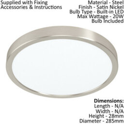 Satin Nickel 20W Led Wall And Ceiling Light - 285mm Round Surface Mounted Fixture - thumbnail 2
