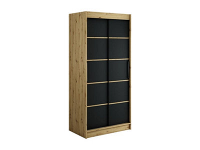 Arte Leto Contemporary 2 Sliding Door Wardrobe 5 Shelves 2 Rails Black Matt And Oak Artisan Effect (H)2000mm (W)1000mm (D)620mm - image 1