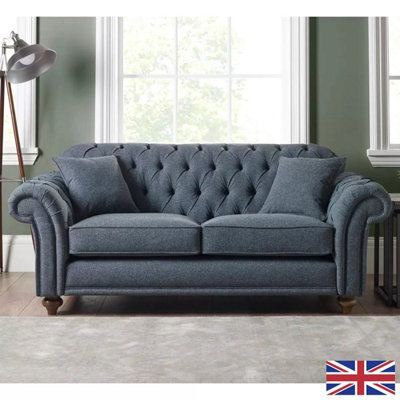 Bordeaux Button Back 2 Seater Sofa In Blue Fabric Tufted Scroll Arms, Foam Cushions, Solid Wood Legs & 2 Accent Pillows - image 1