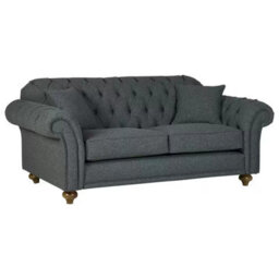 Bordeaux Button Back 2 Seater Sofa In Blue Fabric Tufted Scroll Arms, Foam Cushions, Solid Wood Legs & 2 Accent Pillows - thumbnail 3