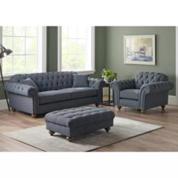 Bordeaux Button Back 2 Seater Sofa In Blue Fabric Tufted Scroll Arms, Foam Cushions, Solid Wood Legs & 2 Accent Pillows - thumbnail 6