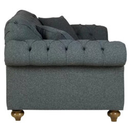 Bordeaux Button Back 2 Seater Sofa In Blue Fabric Tufted Scroll Arms, Foam Cushions, Solid Wood Legs & 2 Accent Pillows - thumbnail 4