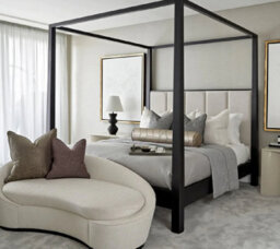 Stratus Interiors Metallic Four Poster Luxury Upholstered Bed Gold Chrome Silver Master Bedroom