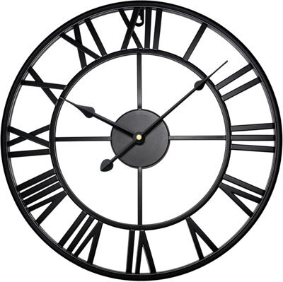 Large Black Wall Clock - 60Cm Round Silent Skeleton Roman Numerals Battery Hanging Clock For Living Room, Bedroom, Kitchen, Hotel - image 1