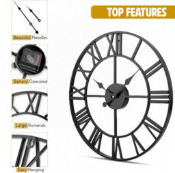 Large Black Wall Clock - 60Cm Round Silent Skeleton Roman Numerals Battery Hanging Clock For Living Room, Bedroom, Kitchen, Hotel - thumbnail 2
