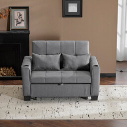 Btm 2 Seater Sofa Bed Grey With Cup Holders Pull Out Sleeper Convertible Fabric Sofa Chair - thumbnail 8