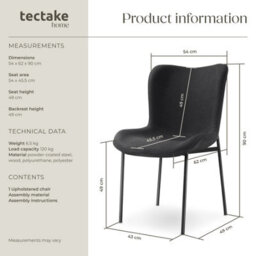 Tectake 1 Dining Chair Tessa - Ergonomic High Backrest, Slim Steel Legs, Soft Fabric  - Woven Fabric Black/black - thumbnail 6