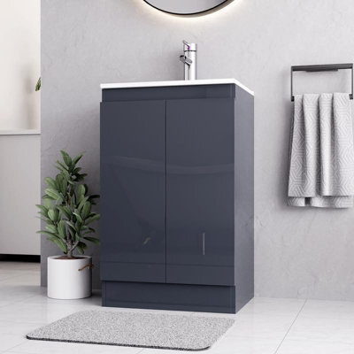 Belofay Denvor Grey 500mm Floor Standing Bathroom Vanity Unit With Basin - Laquered Cloakroom Vanity Unit With 1 Tap Hole Ceramic - image 1