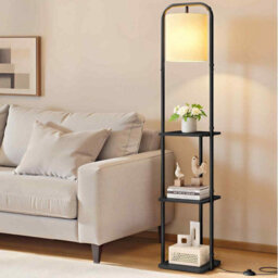 Floor Lamp With Storage Shelves, Standing Lamp With Led Bulb, Fabric Shade And Foot Switch, Ink Black - thumbnail 1