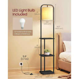 Floor Lamp With Storage Shelves, Standing Lamp With Led Bulb, Fabric Shade And Foot Switch, Ink Black - thumbnail 2