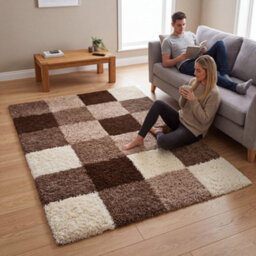 "Bravich Beige Checked Shaggy Rug 160 X 230Cm (5'3"" X 7'7"")" - thumbnail 1