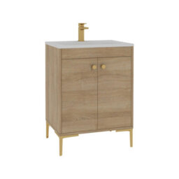 Royal Bathrooms Verona 600mm Natural Oak Floor Standing Vanity Unit 2 Door With Stone Basin & Brushed Brass Knob - thumbnail 6