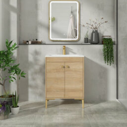 Royal Bathrooms Verona 600mm Natural Oak Floor Standing Vanity Unit 2 Door With Stone Basin & Brushed Brass Knob - thumbnail 4