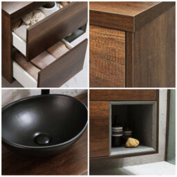 Homestylestore Dark Oak 594mm Wall Hung Bathroom Vanity Unit Oval Countertop Graphite Basin Open Shelf - thumbnail 2