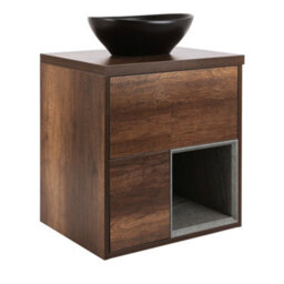 Homestylestore Dark Oak 594mm Wall Hung Bathroom Vanity Unit Oval Countertop Graphite Basin Open Shelf