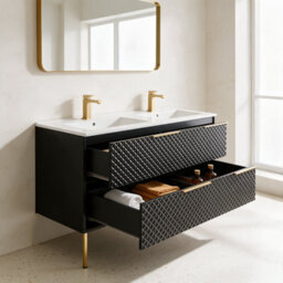 Bathroom City Elvia 1200mm Black & Gold Twin Basin Vanity Unit - His And Hers Double Sink Bathroom Furniture, Diamond Front - Gold Handles - thumbnail 3