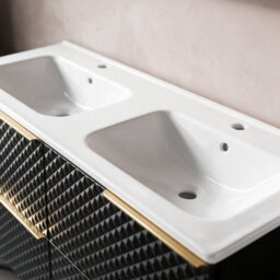 Bathroom City Elvia 1200mm Black & Gold Twin Basin Vanity Unit - His And Hers Double Sink Bathroom Furniture, Diamond Front - Gold Handles - thumbnail 2
