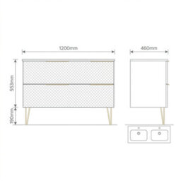 Bathroom City Elvia 1200mm Black & Gold Twin Basin Vanity Unit - His And Hers Double Sink Bathroom Furniture, Diamond Front - Gold Handles - thumbnail 8